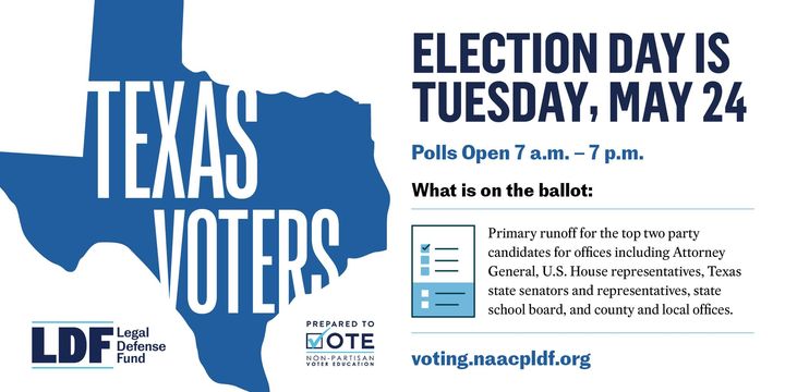 NAACP_LDF's tweet image. TEXAS VOTERS! Election Day is TOMORROW, May 24! Polls are open from 7am-7pm. Make sure you are #PreparedToVote before heading to the polls.

Find voting info here: voting.naacpldf.org/voting-rights/…