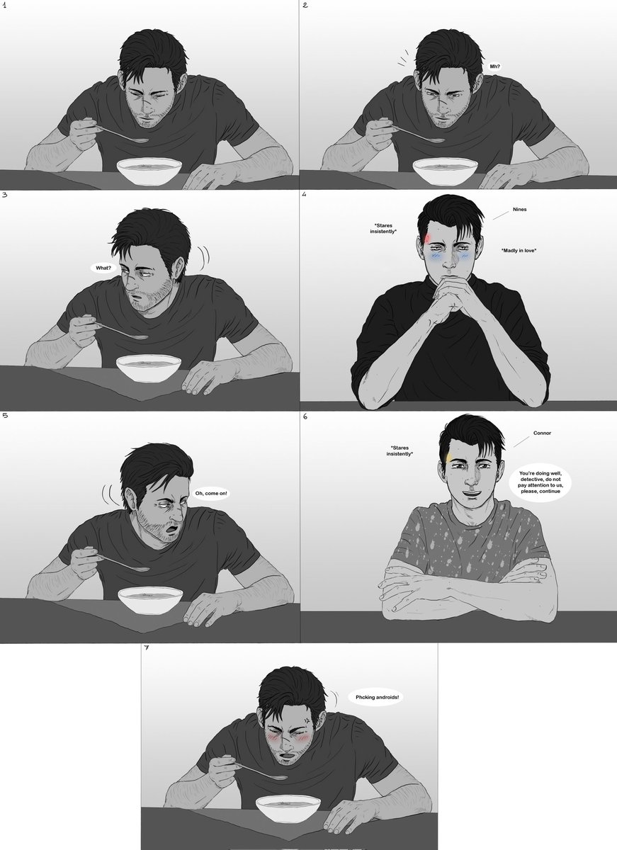 Elisa290689's tweet photo. Just a quick comic
Androids don't eat, so watching someone eat is fascinating
The victim in this case is Gavin
Nines is a lost case
#DetroitBecomeHuman #dbh #dbhfanart #GavinReed #RK900 #RK800 #900reed #quickcomic #eating #lunch #fascinating #glaces #fanart #digitalart #drawing https://t.co/dIyPG8XYQ5