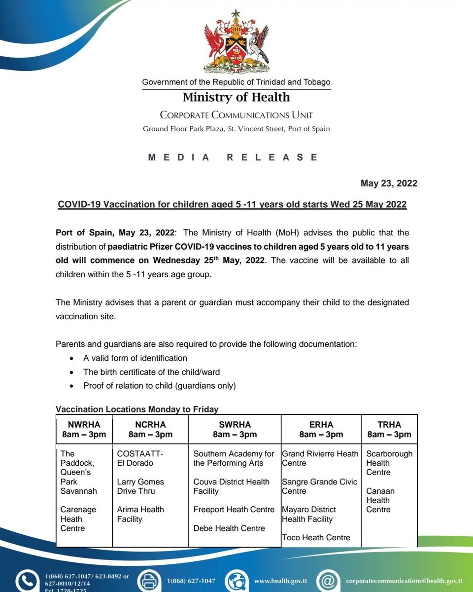 MrAlAlexander's tweet photo. MoH Media Release:
COVID-19 Vaccination for children aged 5 -11 years old starts Wed 25 Port of Spain, May 23, 2022 https://t.co/isGKCUsgKk