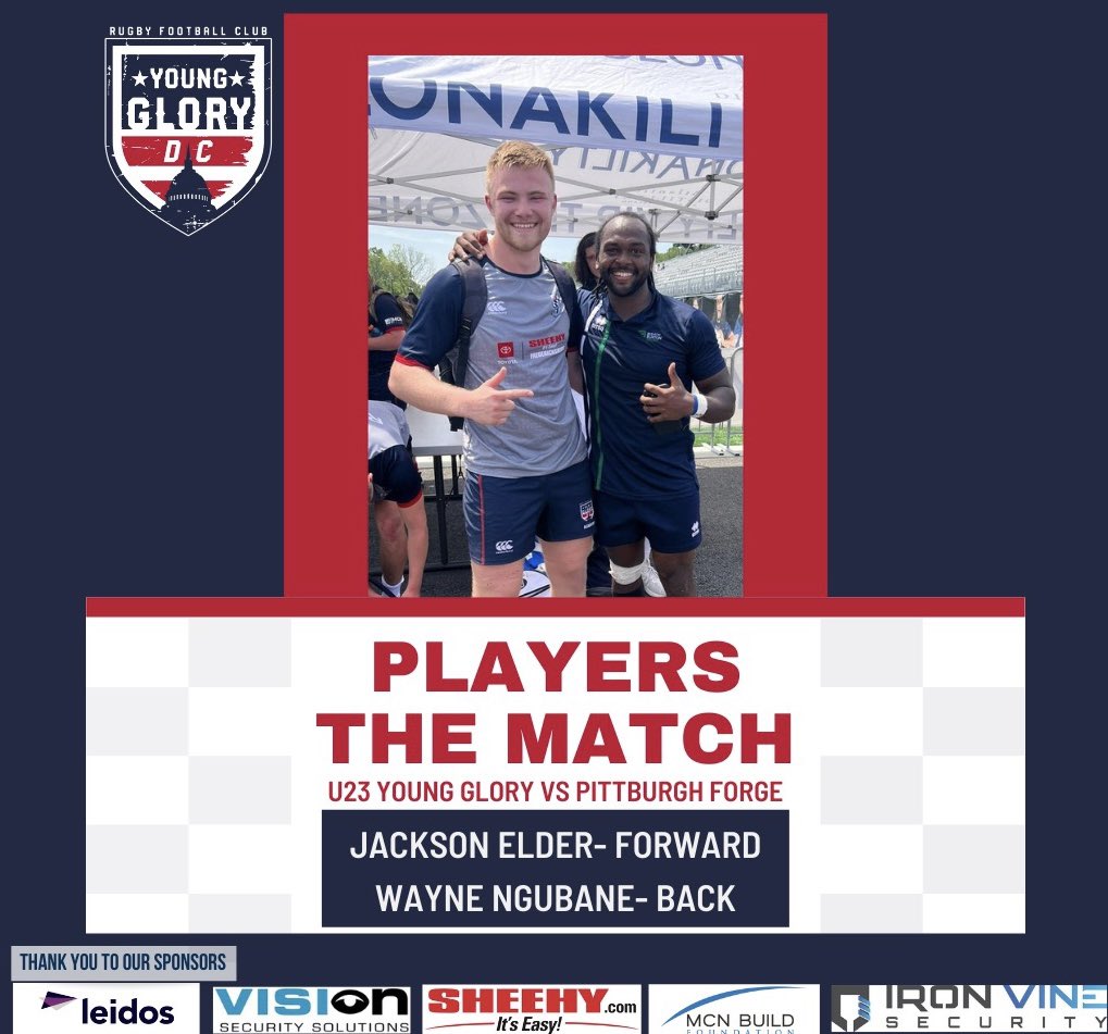 Congratulations to Jackson (forward)and Wayne (back) on being selected as Players of the Match!
#youngglorydc #u23youngglory 
#GrowTheGame