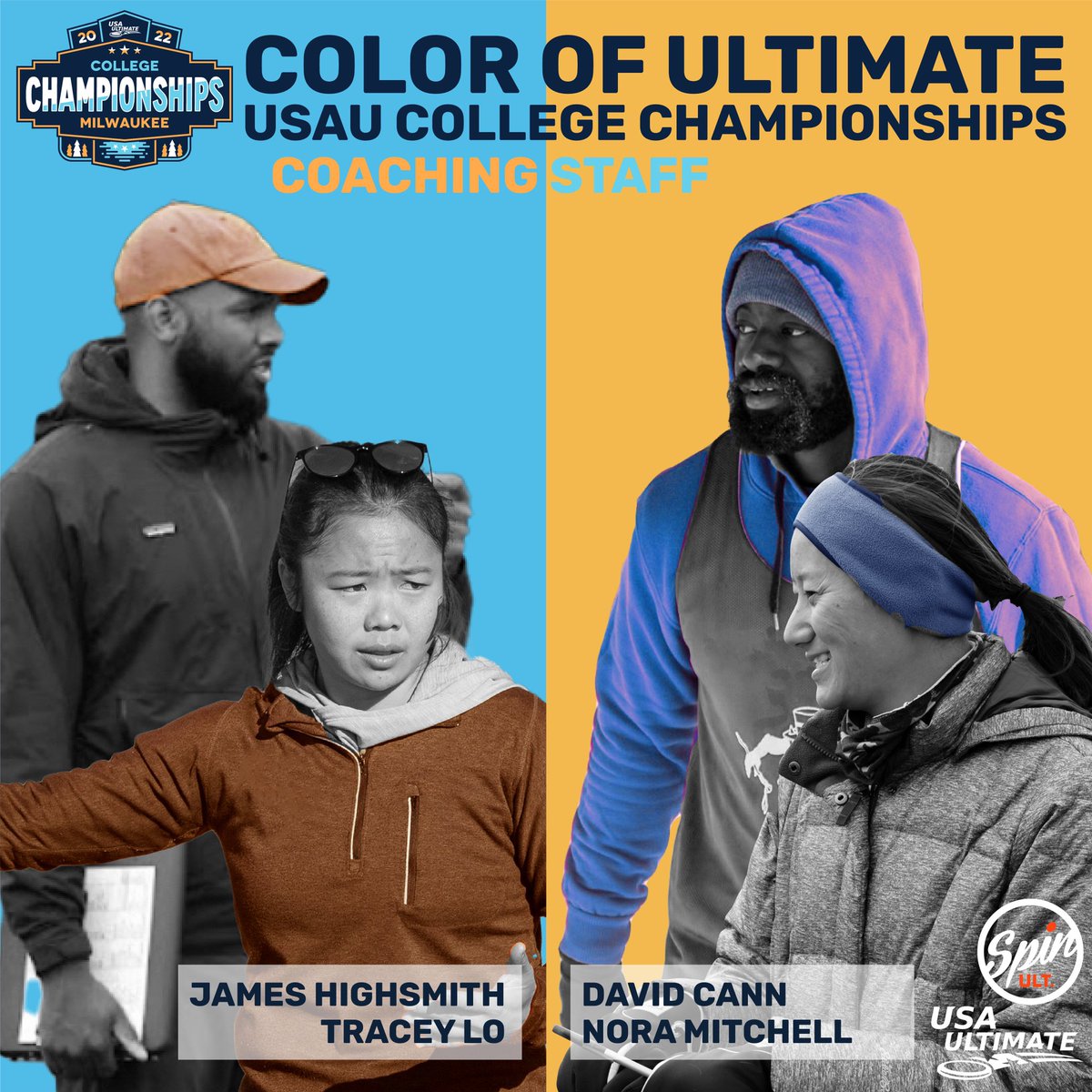 Four storied coaches will face off in the Color of Ultimate: College Champs showcase: two from Wisconsin, and two from Michigan. Shout out to the PoC Scholars and Ballers in the Midwest