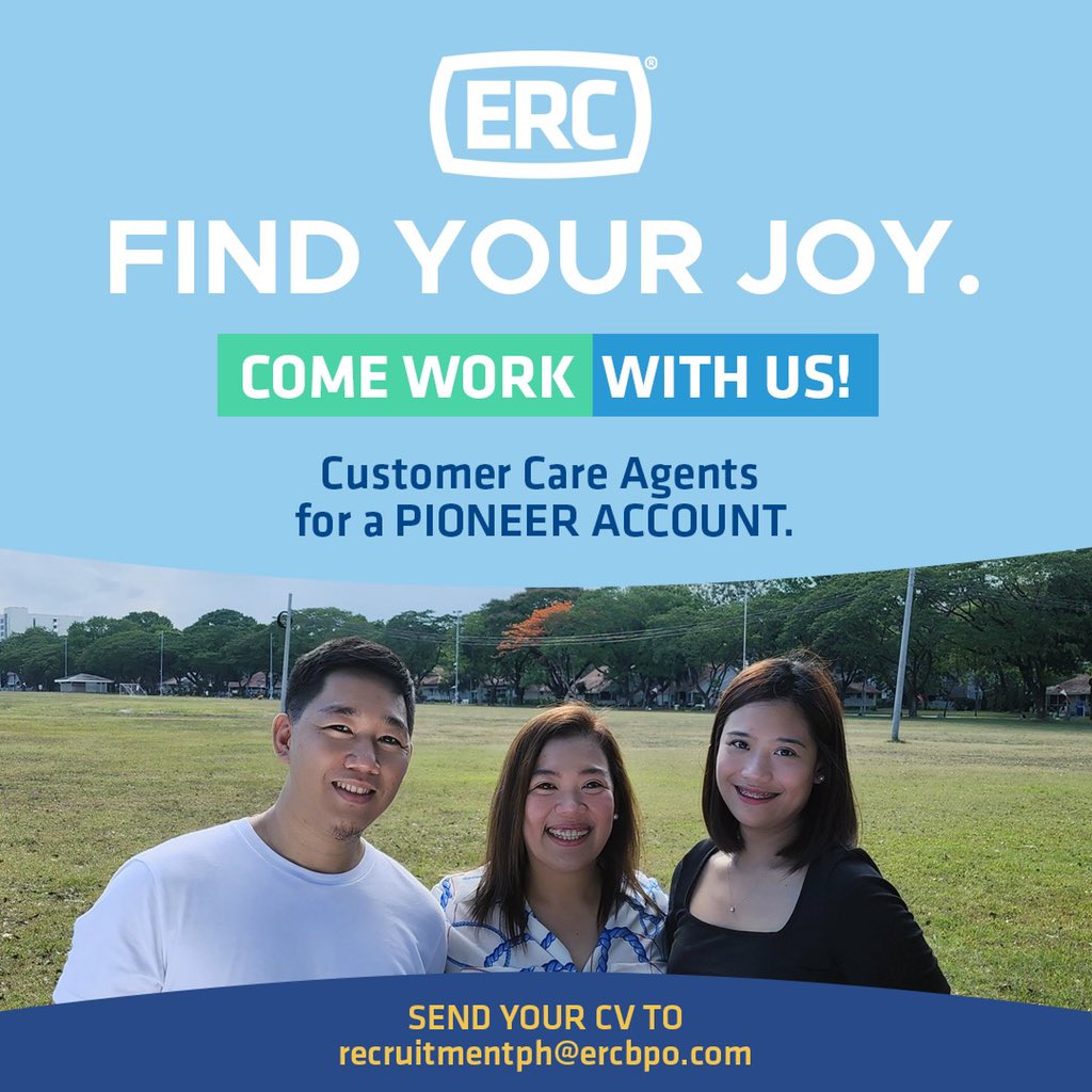 Be part of a pioneer account! 

We are urgently looking for Customer Service Representatives with at least 3 months experience. 

Discover  an amazingly unique culture, career growth and inspiring work experience! 

Send your CV to recruitmentph@ercbpo.com
