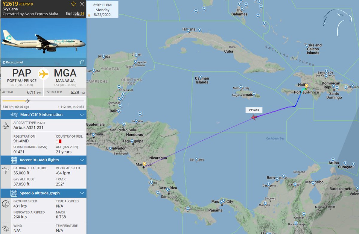 FlconEYES's tweet photo. Dos pájaros de un tiro.🧐
#9HAMD y #9HAME
125 mil pasajeros y 5,200 ton de carga.
#SkyCana con @MinturCuba tráfico de personas desde #Haití y #Cuba a #Managua para q emigren a #EEUU #USA
#HappeningNow #OSINTCuba #cuavion #Cuba #23May https://t.co/o2Ydmfik8K