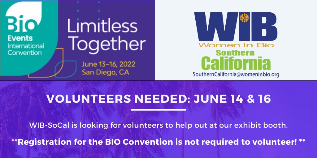 Please let us know if you're available to volunteer! You don't need to be attending the BIO convention to help out, we are able to provide a floor pass for you during your time slot. Contact us at southerncalifornia@womeninbio.org.
