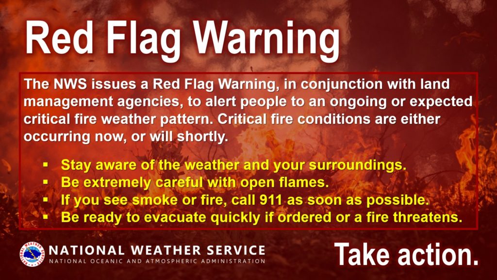 Please avoid the use of gas-powered equipment, lawnmowers, metal grinders or any activity that may  spark a fire during the Red Flag Warning. 
#OneLessSpark