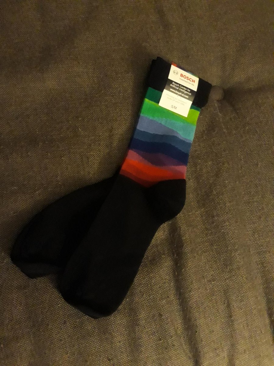 My personal "best #acl2022nlp promotional object award" (so far) goes to @Bosch_AI  for this very sensible pair of socks: simple, made locally, actually useful, super colorful.