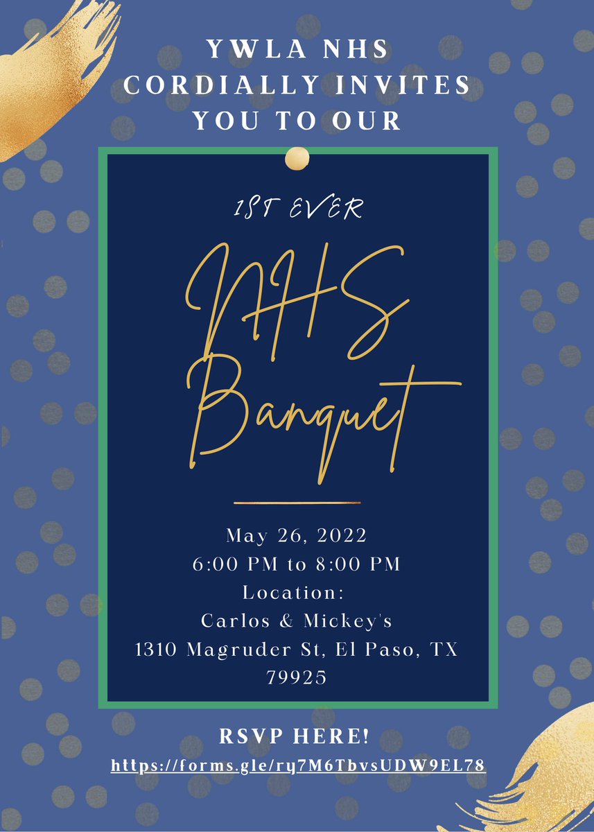 For those of you who bought a ticket, please join us for our 1st ever NHS banquet!!! 
Don’t forget to RSVP!
#NHS #nhsbanquet <a href="/ywprep/">Young Women's Prep</a> <a href="/YsletaISD/">Ysleta ISD</a> <a href="/Ysleta_YWLA/">Ysleta YWLA</a>