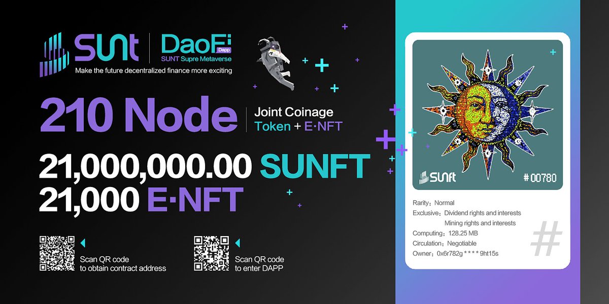 The second stage of development was fully launched !

Sunt 210 node Federation to mint.
Ecological Token 210,000,000.00 SUNFT；
E · NFT release will be launched soon！

We look forward to your participation ~
#DAPP  #SUNT  #SUNFT  #E·NFT