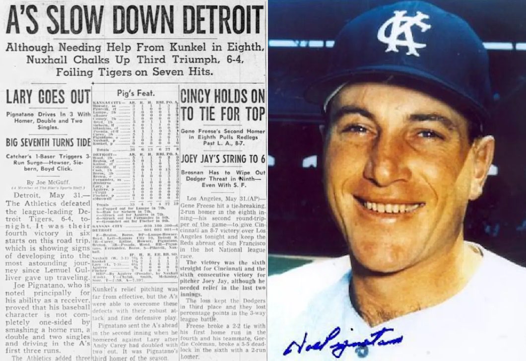 behindthebag's tweet image. 5/31/1961, Briggs Stadium: Joe Pignatano has his finest offensive game, going 4-4 with 2B, HR &amp;amp; 3 RBI as #KCAthletics beat Tigers 6-4. "I had a hunch Piggy was about ready." - A's mgr Joe Gordon. Pignatano had career highs in '61 in 2B/RBI/BA (10/22/.243) as backup backstop #RIP