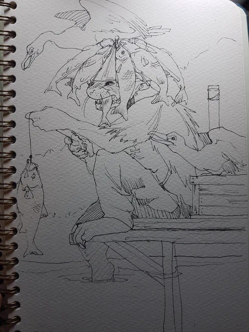 I don't sketch from imagination as much as I should, so here's a really quick draft of an idea I had for an otter fisherman 