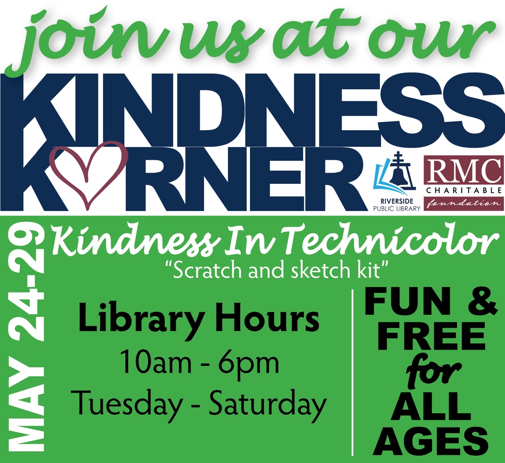 ABI_Bullying's tweet photo. Come out and visit your local Riverside Public Library this week. We will be hosting our Kindness Korner where we will have scratch art activity kits! We hope to see you there! 🎨🌈
.
.
#RMCCF #ABI #KindnessKorner #RiversidePublicLibrary https://t.co/a6A1XYFJxO