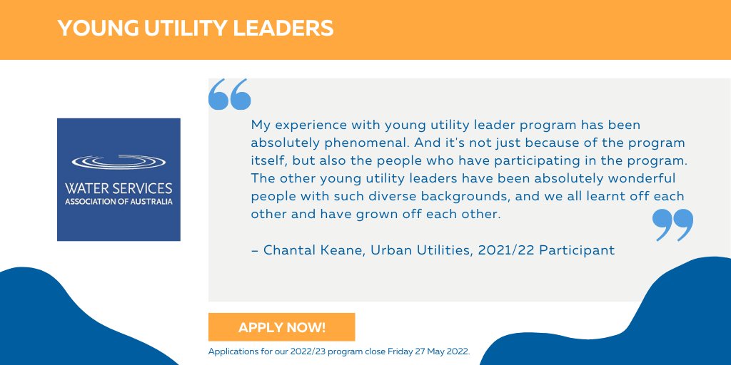 wsaa_water's tweet photo. Applications closing soon!📣
Are you 30 or under and passionate about the #water industry? Applications to our Young Utility Leaders 2022/23 Program close this Friday 27 May.
Apply here > https://t.co/5gWe4U9fZb
#YULs #youngprofessionals #waterindustry #leadership https://t.co/mbEAG82XnR