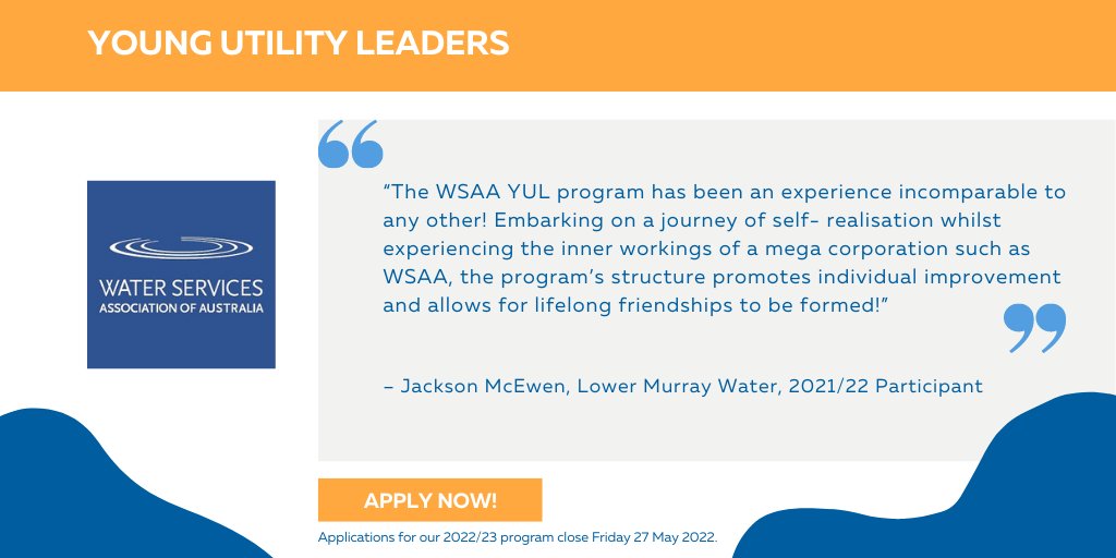 wsaa_water's tweet photo. Applications closing soon!📣
Are you 30 or under and passionate about the #water industry? Applications to our Young Utility Leaders 2022/23 Program close this Friday 27 May.
Apply here > https://t.co/5gWe4U9fZb
#YULs #youngprofessionals #waterindustry #leadership https://t.co/mbEAG82XnR