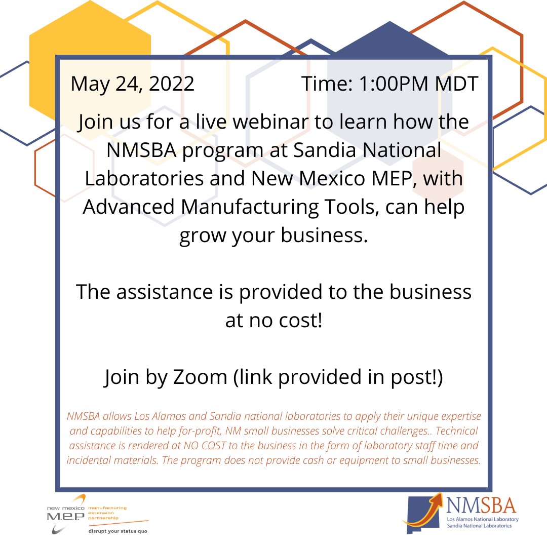 ETVAmerica's tweet photo. Come learn how the #NMSBA Program at @SandiaLabs can help grow your business at no cost to you!

We can't praise this program enough; the NMSBA has been integral to our success story! 

05/24 @ 1pm MDT

Zoom Link➡️https://t.co/niPYJBKmNq https://t.co/HfshWXXQN8