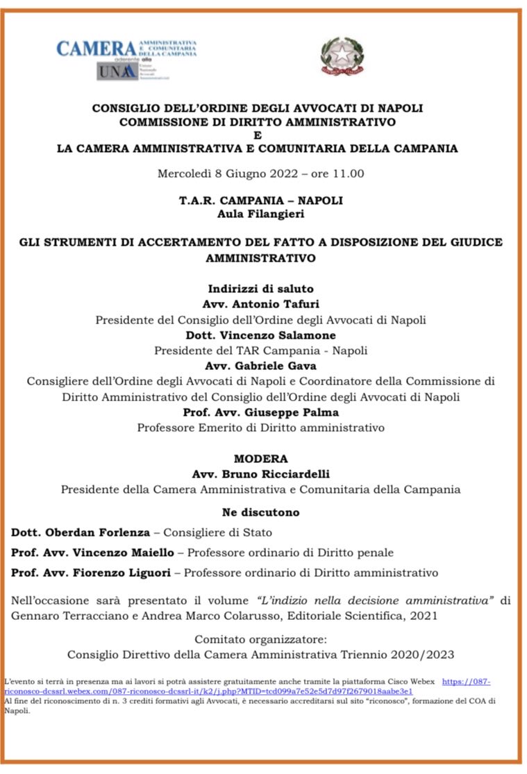 CameraAmmCamp's tweet photo. 🎓Gli strumenti di accertamenti del fatto a disposizione del giudice amministrativo -Mercoledì 8 giugno 2022 h 11,00 Aula Filangieri TAR Campania Napoli - per registrarsi 👉🏼 https://t.co/LTKANCuin7 https://t.co/3vCTxx26Q9
