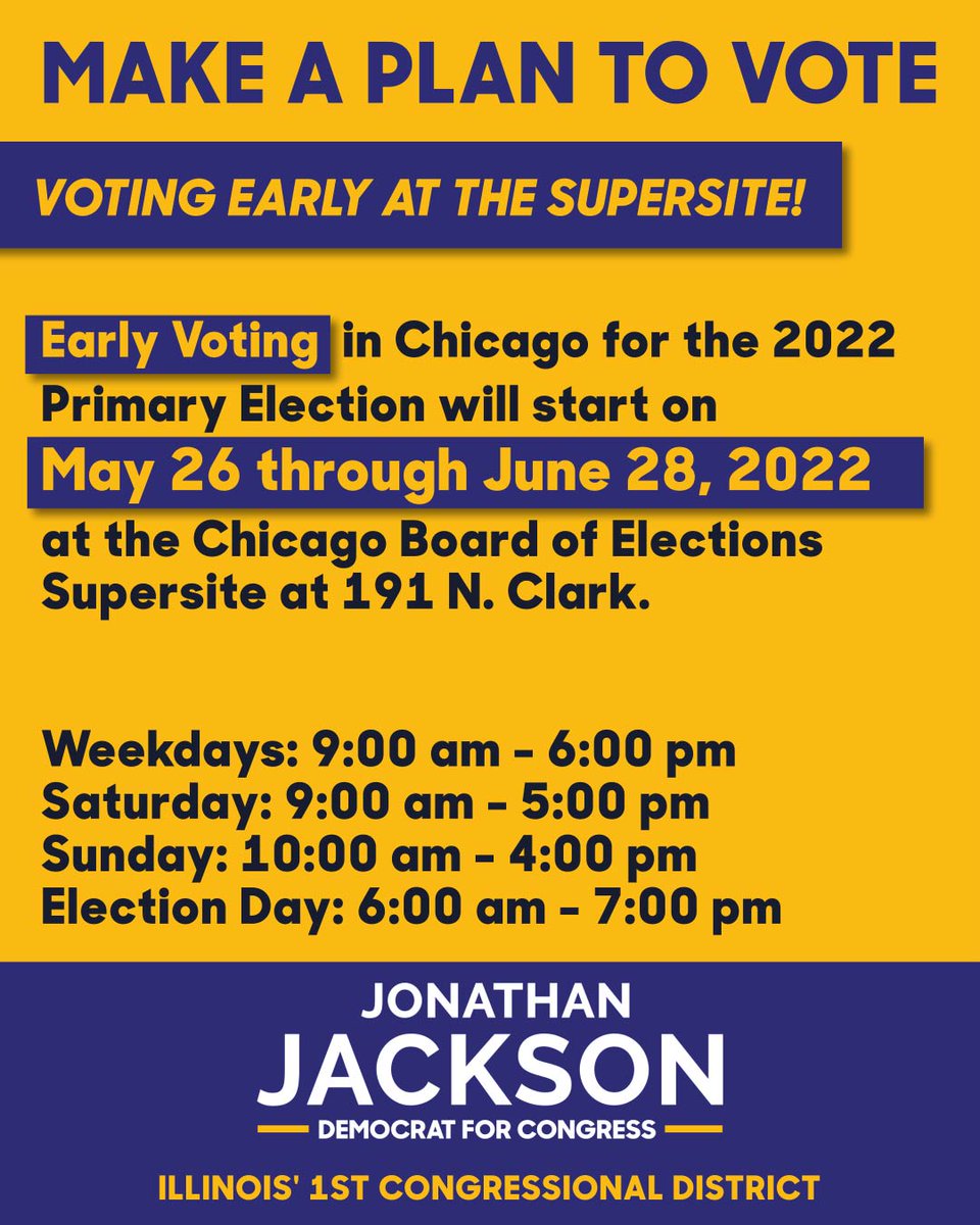 CongressJackson's tweet photo. Early voting at the Board of Elections Supersite starts on May 26th. Make a plan to vote!
Vote for Jonathan L. Jackson For Congress in the Democratic Primary on June 28th. #Punch34
#JacksonForCongress #JonathanJackson #JonathanForCongress #VoteJackson
https://t.co/ONKYE4M8Ll https://t.co/OfMEhmqNca