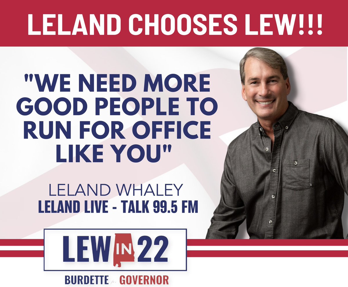 VoteLEWin22's tweet photo. What a way to end the day! I’m honored to have earned Leland Whaley’s vote for Governor. Leland Live on @Talk995 is one of the best conservative shows in the entire state and I was thrilled to hear him share that news with me on air today! 

#LEWin22 #alpolitics #alabama #ALgov https://t.co/FygYPvohva