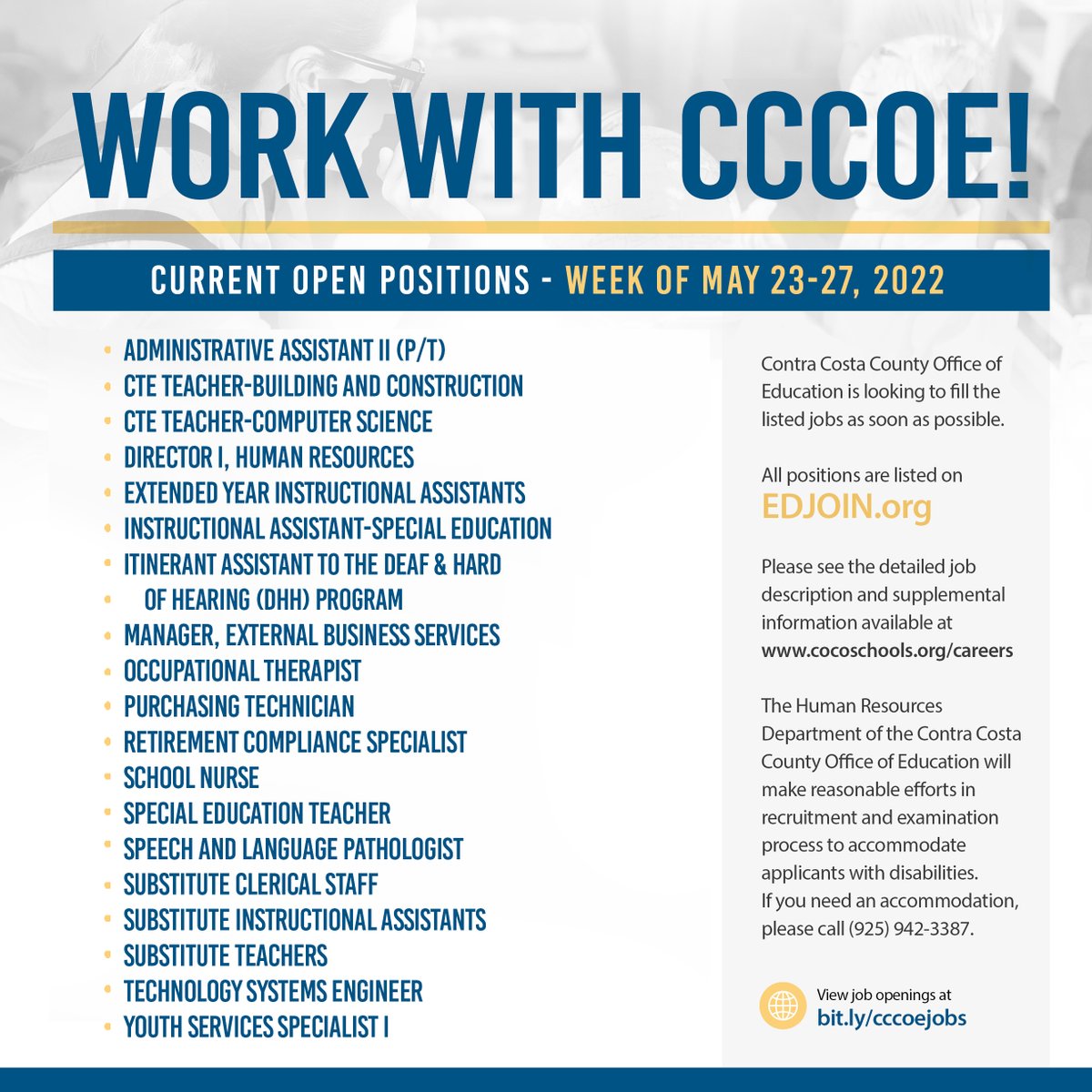 CoCoSchools's tweet photo. Work for Contra Costa County Office of Education (CCCOE)!
Below is a list of current open positions for CCCOE for the week of May 23-27, 2022.
View our jobs at https://t.co/R2IdBDtWKY.
#CCCOEAchieves #WeAreHiring #WorkwithCCCOE https://t.co/toTSQiHNcz