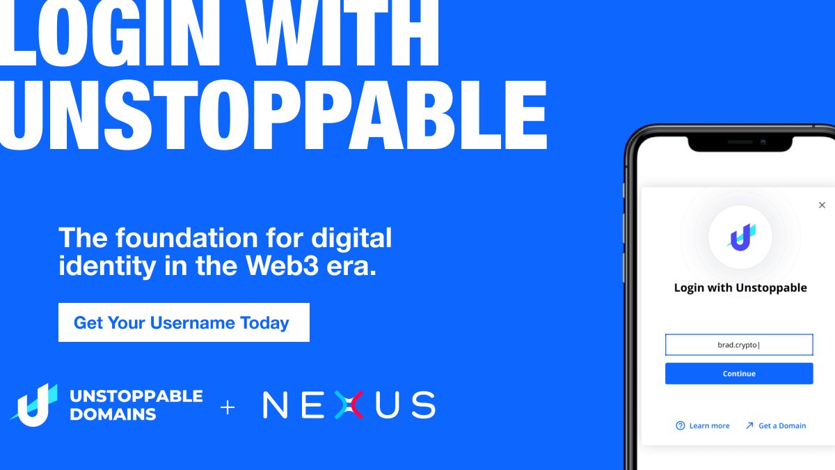 unstoppableweb's tweet image. ICYMI: you can now use your Unstoppable Domain to log into @nexuscryptosvc&apos;s innovative eco-system of Dapps 🌐 With their #PortfolioTracking, #CryptoTrading, and Education in #DeFi services, you can now easily manage all your crypto in one safe place!

👋 Welcome to the #UDfam!