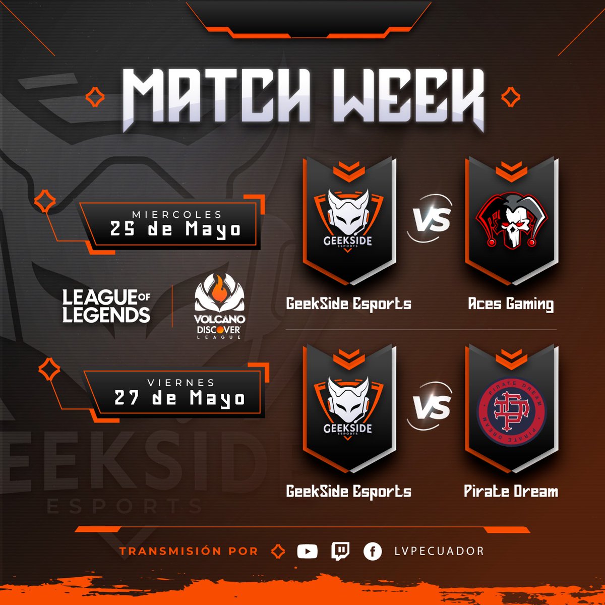 Geekside_Sports's tweet photo. ¡¡ DALE GEEKSIDE DALE !! 🧡🦊
Se viene la primera semana de la #VolcanoDiscoverLeague 🌋
¡Let's GOOOOO! 

Miércoles 25 🗓️
🦊 🆚 @AceSGaminG_ec
🇪🇨 21:00

Viernes 27 🗓️
🦊 🆚 @PirateDreamgg
🇪🇨 21:00

📺Miralo por: https://t.co/Zbk56uYYCJ 

#GoGSE #WeAreGSE https://t.co/zlJvyXZ8LT