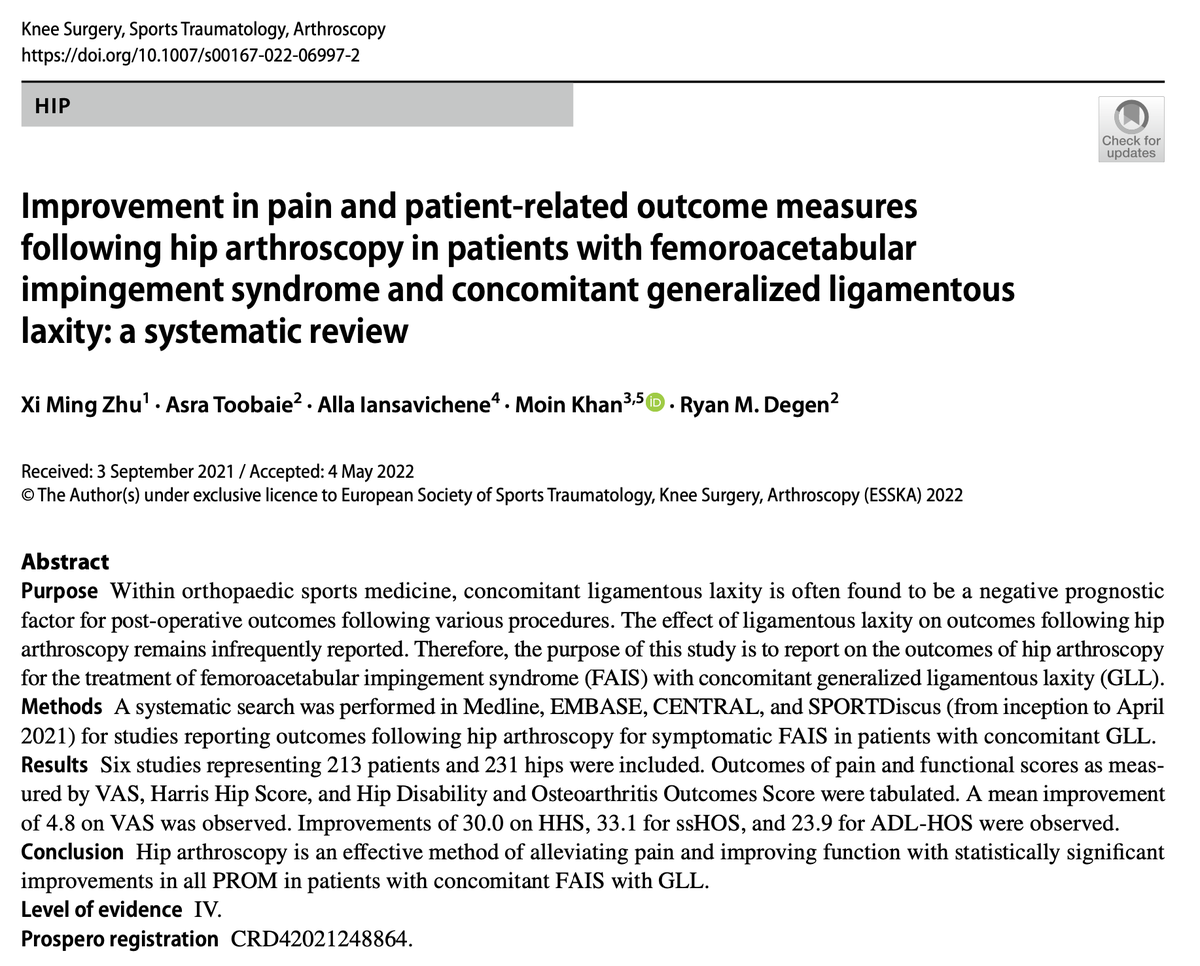 Hip arthroscopy is an effective method of alleviating pain and improving function for patients with concomitant generalized ligamentous laxity - new publication in <a href="/KSSTA/">Knee Surgery, Sports Traumatology, Arthroscopy</a> 

pubmed.ncbi.nlm.nih.gov/35604426/

<a href="/FKSMC_Degen/">Ryan Degen</a> <a href="/FKSMC/">Fowler Kennedy</a>