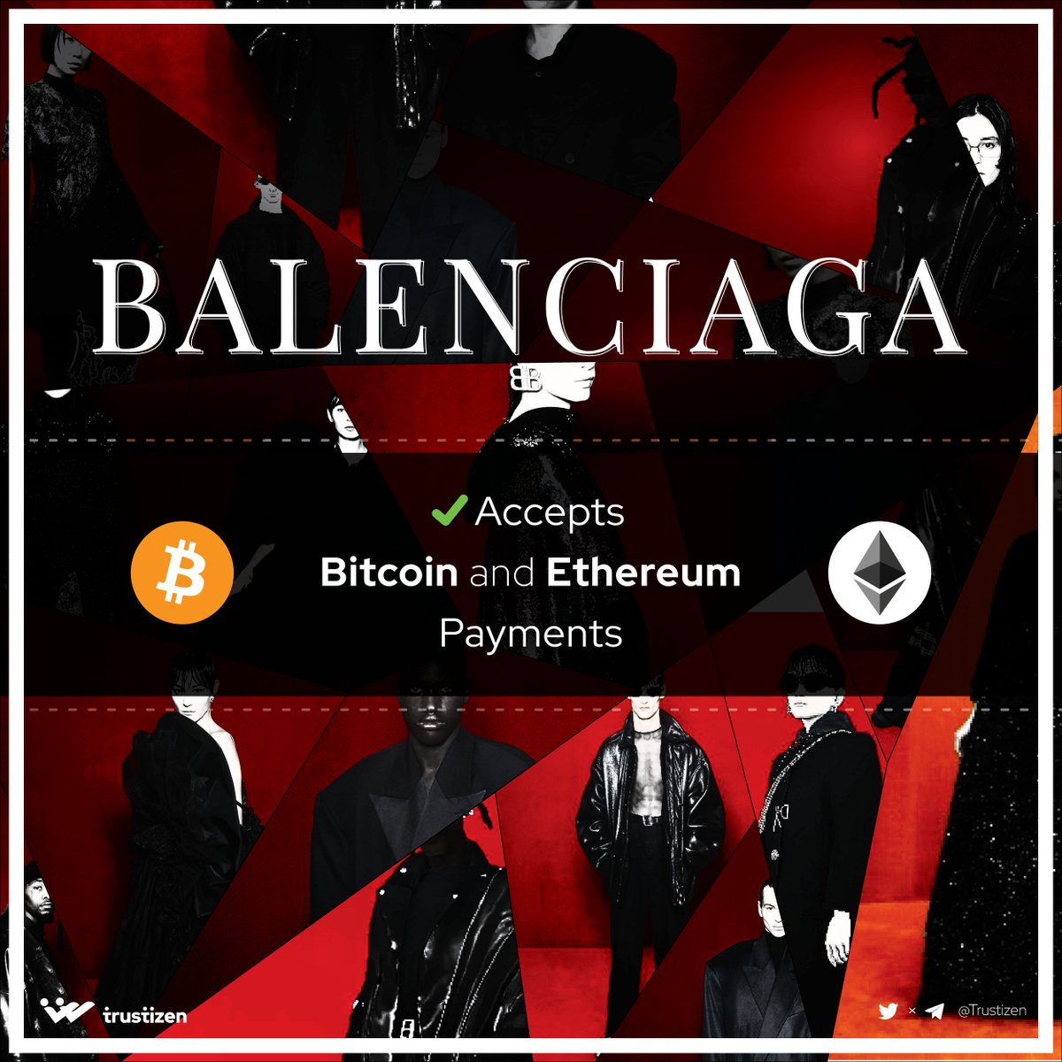 trustizens's tweet photo. [24.05.22] - #TRUSTINEWS 

Luxury brand Balenciaga is the latest member of the crypto club.

After Gucci, TAG Heuer, French fashion major Balenciaga will also accept Bitcoin and Ethereum payments.

#BSC #NEWS #Cryptocurrency #BTC #NFT #Ethereum #Bitcoin https://t.co/NoeRBPI4KD