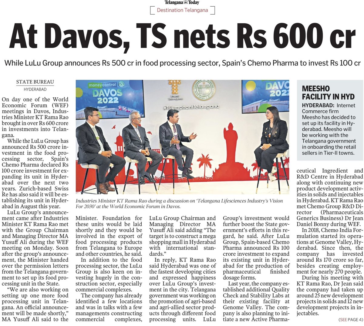 MinisterKTR's tweet photo. On day one of the @wef meetings in Davos, Telangana delegation led by IT and Industries Minister @KTRTRS brought in over Rs. 600 crore investments into Telangana.

#InvestTelangana 
#TelanganaAtDavos 
#WEF22

https://t.co/iXMFOUjmDX https://t.co/t4JIeoo2kT