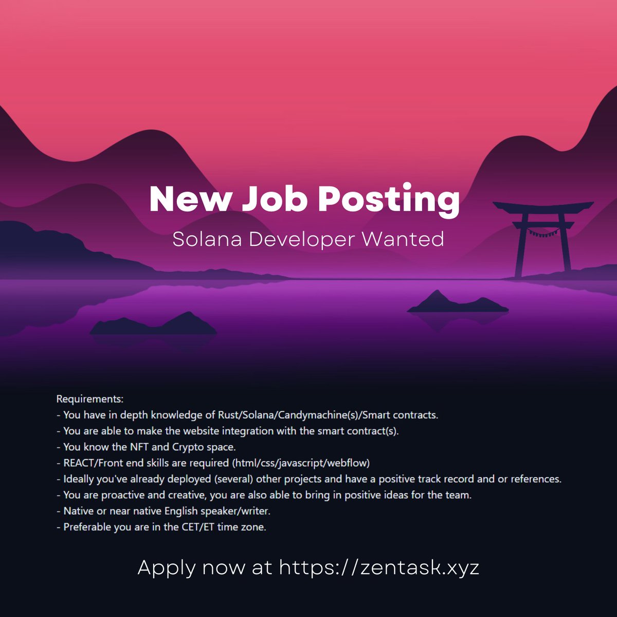 🕉️New Job Posting 🕉️

ZenTask has received it's first #Solana employment opportunity!

Are you a skilled Smart Contract #Developer on the Solana #Blockchain? 

Apply now at zentask.xyz/app/jobs/84