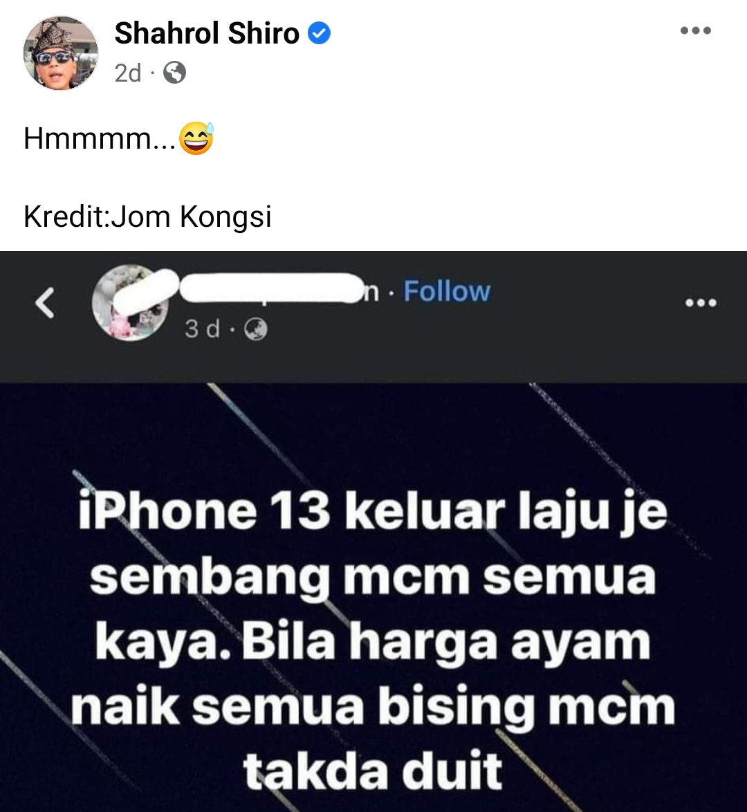 SyedAkramin's tweet photo. Kenapa pula nak samakan iPhone 13 dengan harga ayam? Semua rakyat Malaysia pakai iPhone 13 ke? Kena tunggu harga 1 kilo ayam sama dengan iPhone 13, baru boleh bersuara kah? https://t.co/6wTw4C6gpZ