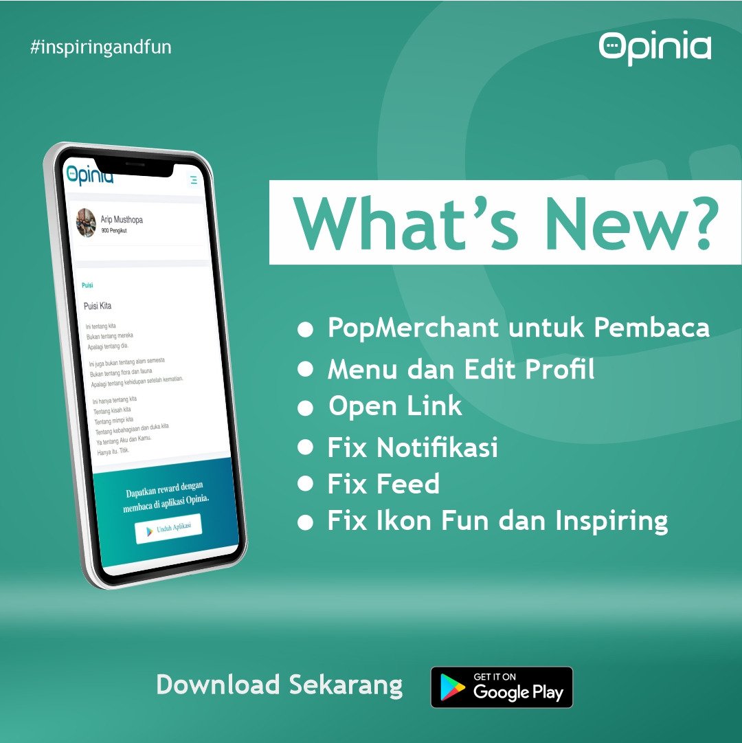 Opinia_Official's tweet photo. BACA TULISANNYA DAPATKAN REWARDNYA!
Ya, sekarang membaca Artikel di Opinia mendapatkan PopMerchant.
Jadi tunggu apalagi? Update aplikasi Opinia kamu sekarang.
#update #download #aplikasi #cuan #opinia #opinian #medsosindonesia #inspiring #fun #idea #artikel #petisi #poling https://t.co/qHcxESqEd6