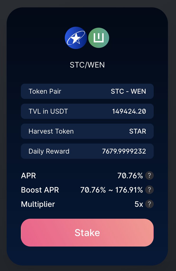 Our STC - WEN liquidity farming is still ongoing! 🚀
<a href="/StarswapEN/">Starswap</a> <a href="/StarcoinSTC/">Starcoin Blockchain</a>

Join us today, provide your STC - WEN liquidity for a potential of 176.91% APR and earn STAR rewards! 

👉 starswap.xyz/#/farm

#WEN #STC #STAR #farming