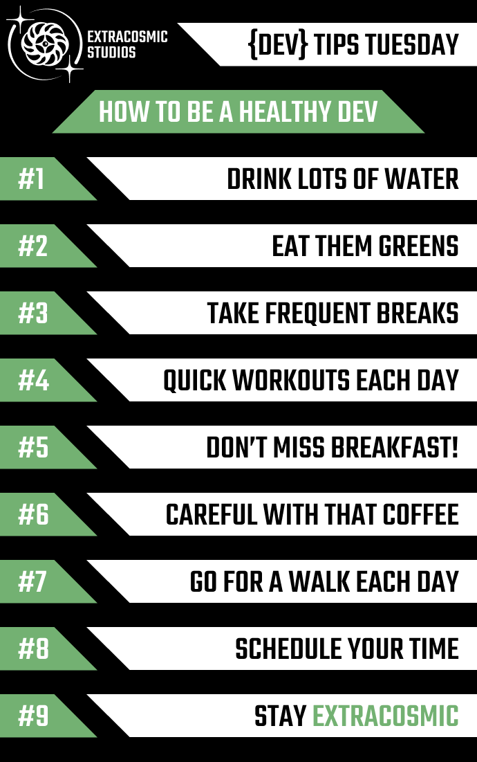 ExtracosmicS's tweet photo. This is our first #devtipstuesday!
This week we present to you some tips for staying healthy, while you work on your next projects.
We hope they can improve your mood and productivity!
Follow for moreπ
#ExtraCosmicStudios #HowTo #Tips
#indiedev #gamedevelopment #indiegame https://t.co/Z4Jm0VNyoG
