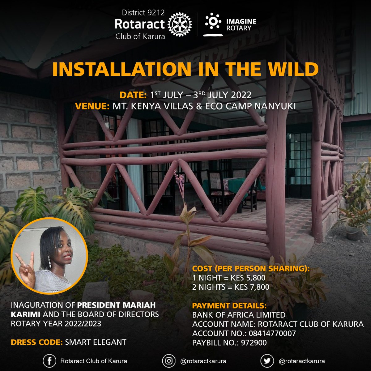 RotaractKarura's tweet photo. 🗣️🗣️The long wait is over.Join us and come have an experience like never before at Eco camp in Nanyuki. This time come dressed elegantly 👗👔and dont worry about that ka cold weather, the really nice mouth watering meals will dry it away🤤. Mark the dates 📅 and RSVP your spot as https://t.co/QgaIb9xacV