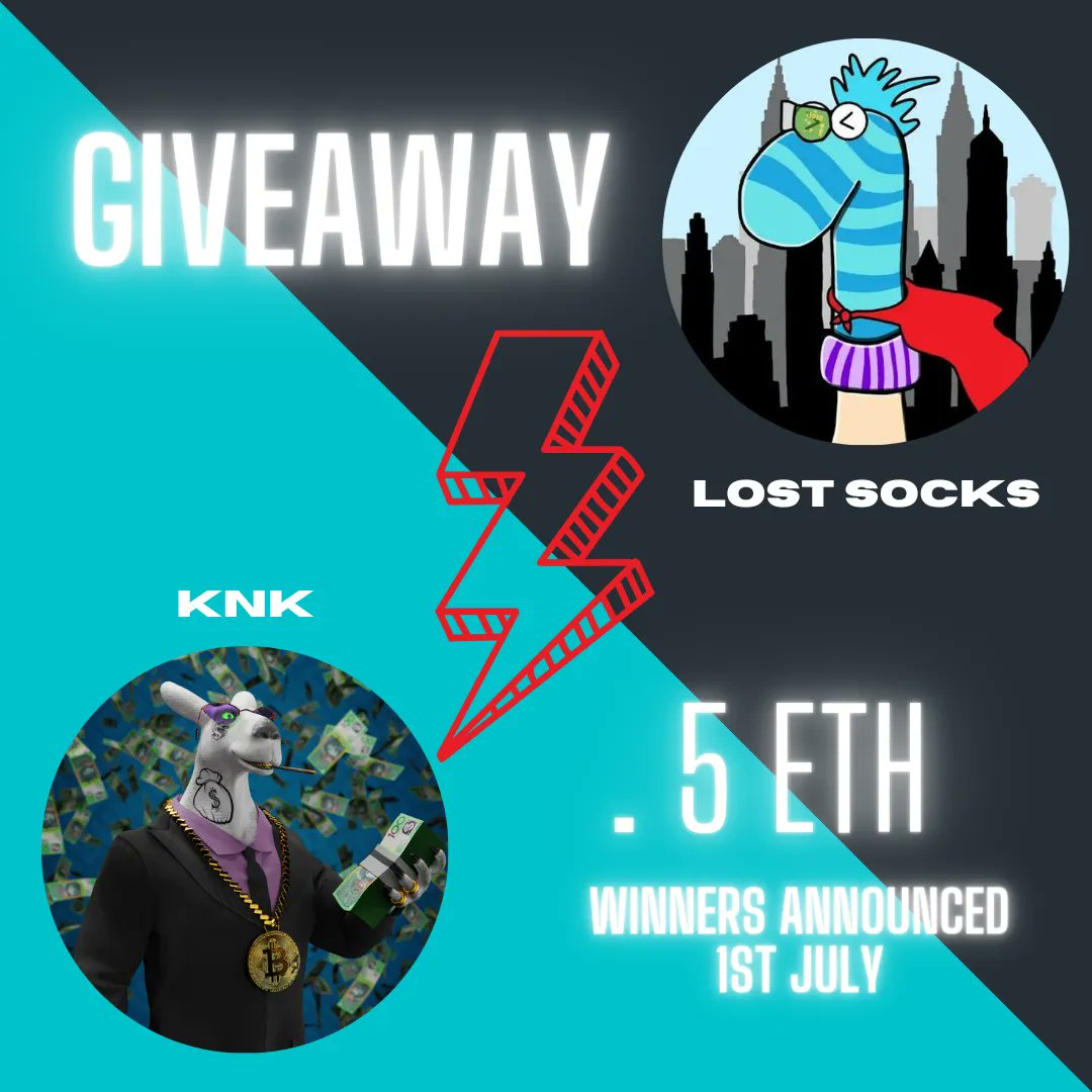 🎉We have teamed up with @LostSocksWorld to giveaway .5 of an ethereum to one lucky person!

To be eligible:
▫️You must hold 1 KNK NFT &amp; 1 Lost Socks NFT Simultaneously.
▫️Winner Drawn 1st July 2022.

Goodluck Fam!
🔥🔥🔥