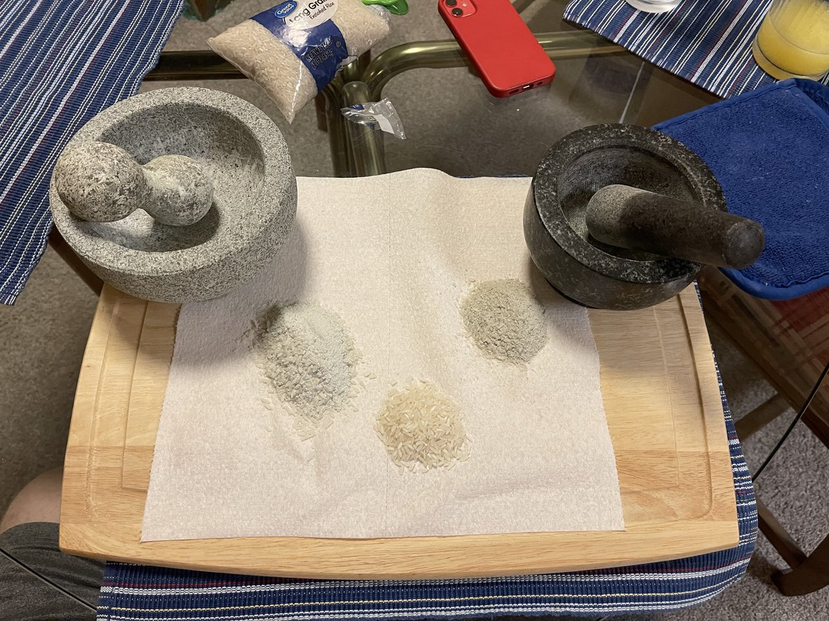 wesleyt's tweet photo. I’m breaking in my mortar and pestle and molcajete. This is after the first batch of rice each. https://t.co/q0OEnOTUIJ