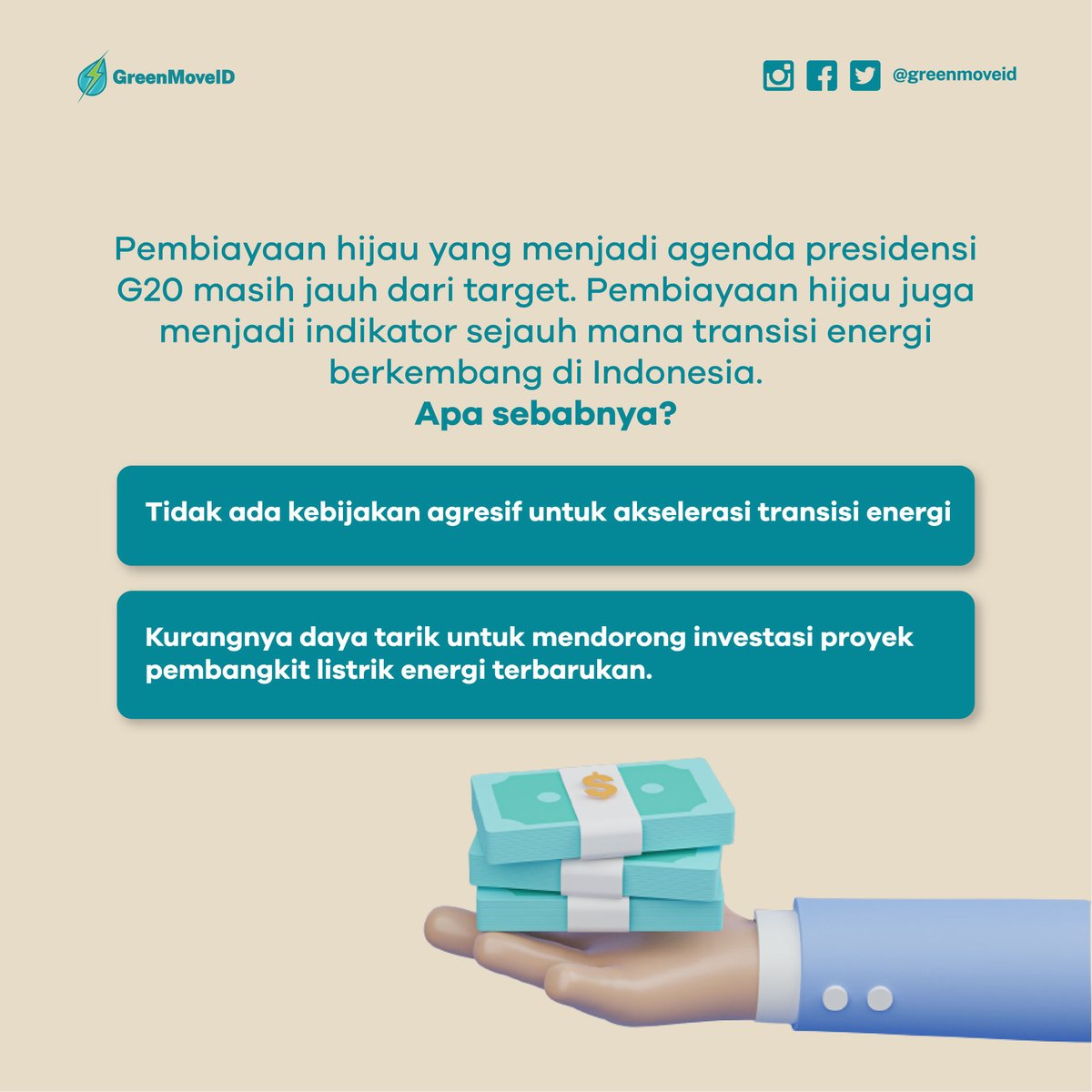 greenmoveid's tweet photo. Siang-siang gini mimin mau update kalo pembiayaan hijau di Indonesia mengalami banyak tantangan. Ini yang bikin investor jadi maju mundur. Cukup Princess Syahrini aja yang maju mundur cantik ya #Greenmovers, hehehe! https://t.co/vsenzOHAQQ
