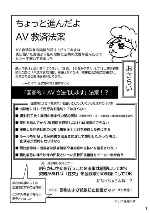 #AV新法に反対します
が悩ましすぎるので調べたことまとめたよ第二弾です。
私の気持ちも添えて。1/3

この法案が画期的な被害者救済になるのか?逆にグレーを白にし被害者を増やす悪法になるのか?
今週にも衆議院を通過か?という状況。見守りましょう。
#漫画 