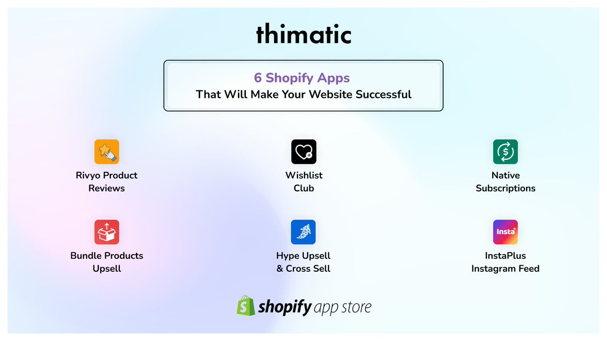 thimaticapps's tweet photo. 6 #ShopifyApps by #Thimatic That Will Make Your Website 🌐 Successful.

👉Rivyo Product Reviews
👉Wishlist Club
👉Native Subscriptions
👉Bundle Products | Upsell
👉Hype - Upsell &amp; Cross Sell
👉InstaPlus - Instagram Feed

Browse - https://t.co/uJUX9BqJ2z

#shopifyexpert https://t.co/OdndaTkeAB