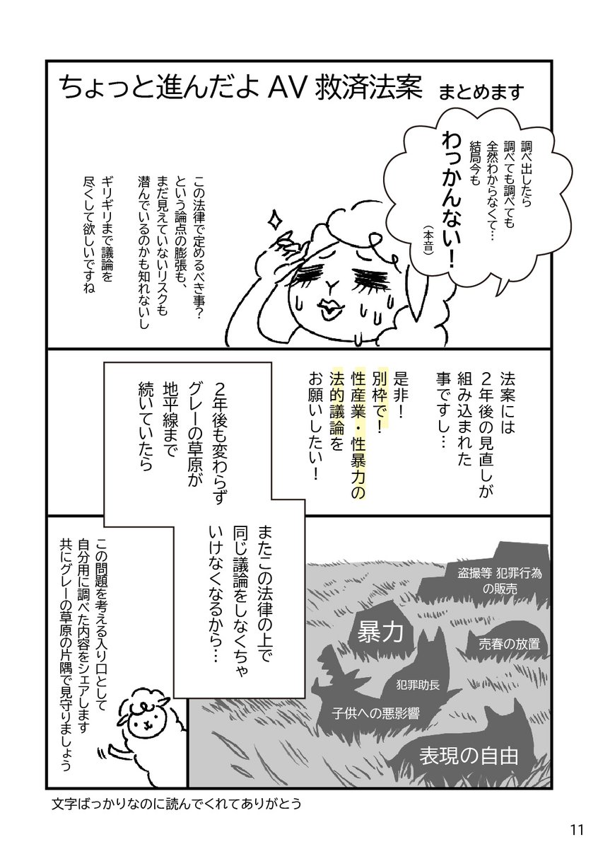 AV新法が悩ましすぎる  3/3

世界のポルノコンテンツの6割は日本産と言われる現状から、子供達を性暴力のサイクルから守るにはどうしたらいいのだろう。
エロって、男にとっては力の象徴、女が語ればはしたない。そんな差を縮めていくような作品づくりを業界に、教育を国に、期待したいです。 