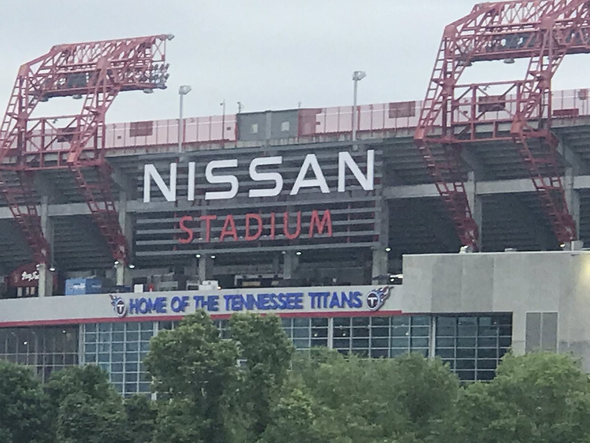 Coach_Fagan30's tweet photo. Stadium #9 on our trip is the @Titans Nissan stadium in downtown Nashville, TN on the banks of the Cumberland River! Even found a little @BoroTuffFB #WorkingForPeanuts🥜 reference in a restaurant on Broadway! https://t.co/rloXcvzRYt