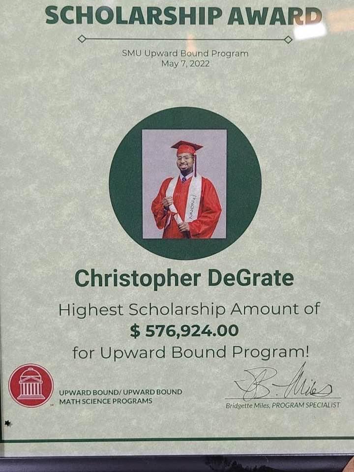Shout out to Senior Christopher DeGrate Jr. on receiving one of the highest scholarship awards of the Justin F. Kimball 2022 graduating class. He is headed to <a href="/SMU/">SMU</a> in the fall. WE ALWAYS SEEK THE BEST!