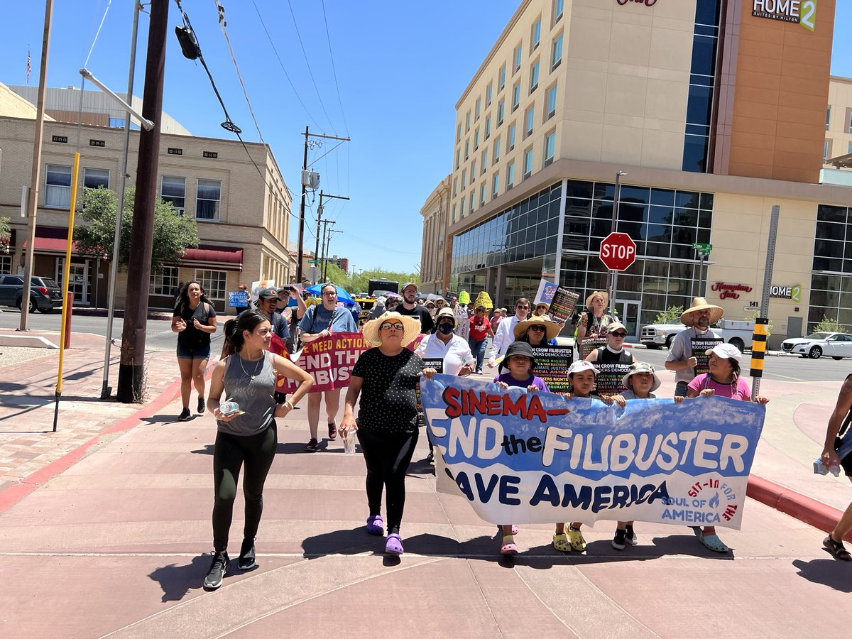 elchicanomarine's tweet photo. Today the Veterans of Common Defense got into some GOOD TROUBLE! Love being part of this great coalition of AZ organizations here to hold Kyrsten Sinema accountable!
#SitInToSaveAmerica
AZ –– WV End the Filibuster Nonviolent Direct Action
#stopthefilibuster https://t.co/6OzPDyvhQX