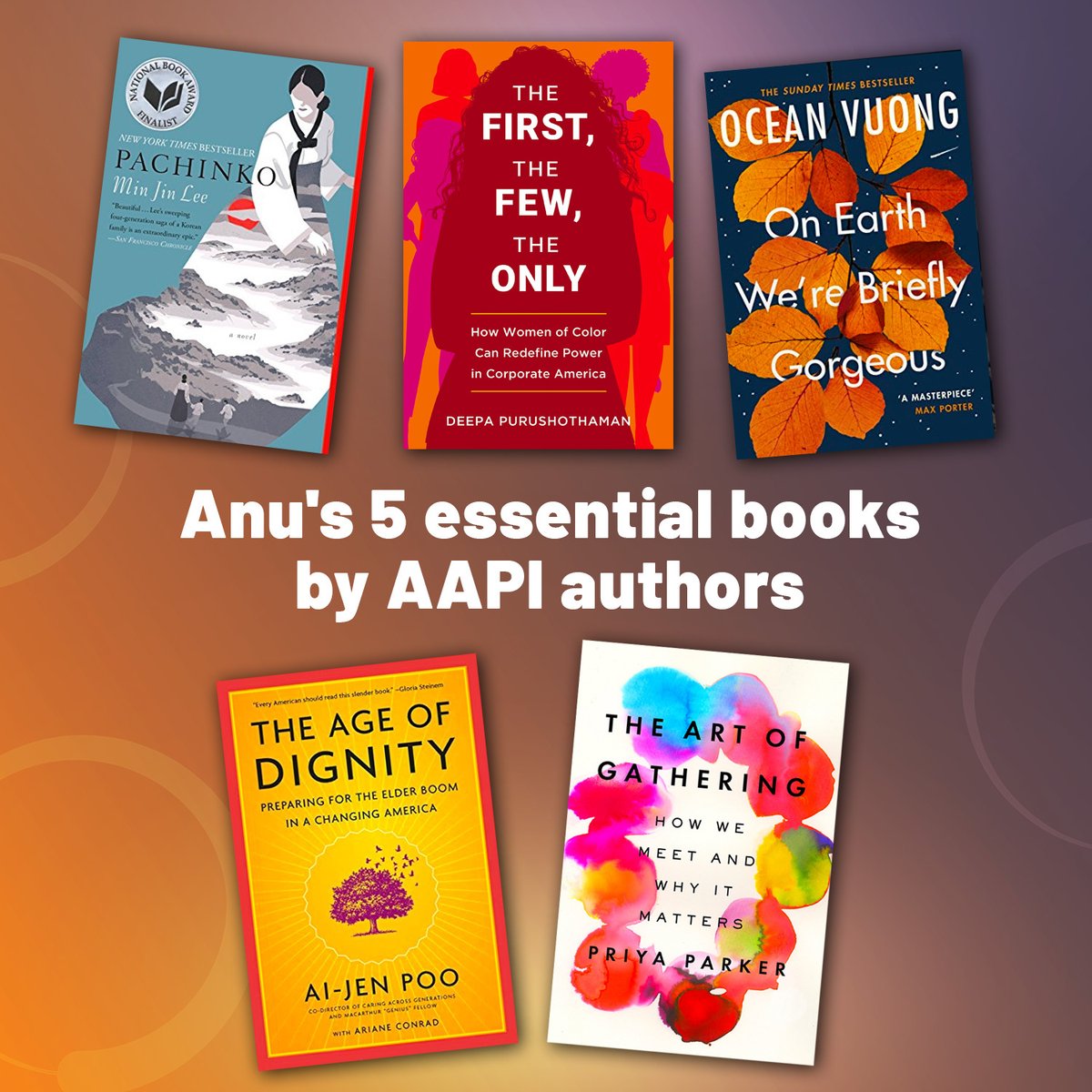 anuguptany_'s tweet photo. Sharing some essential reading from #AAPI authors near & dear to my heart. Add them to your reading list if you haven't already!
May we continue to uplift the voices, stories, & resilience of our community 🧡
@minjinlee11 @DeepaPuru @aijenpoo @priyaparker #AAPIHeritageMonth https://t.co/iM7dhMFI9l