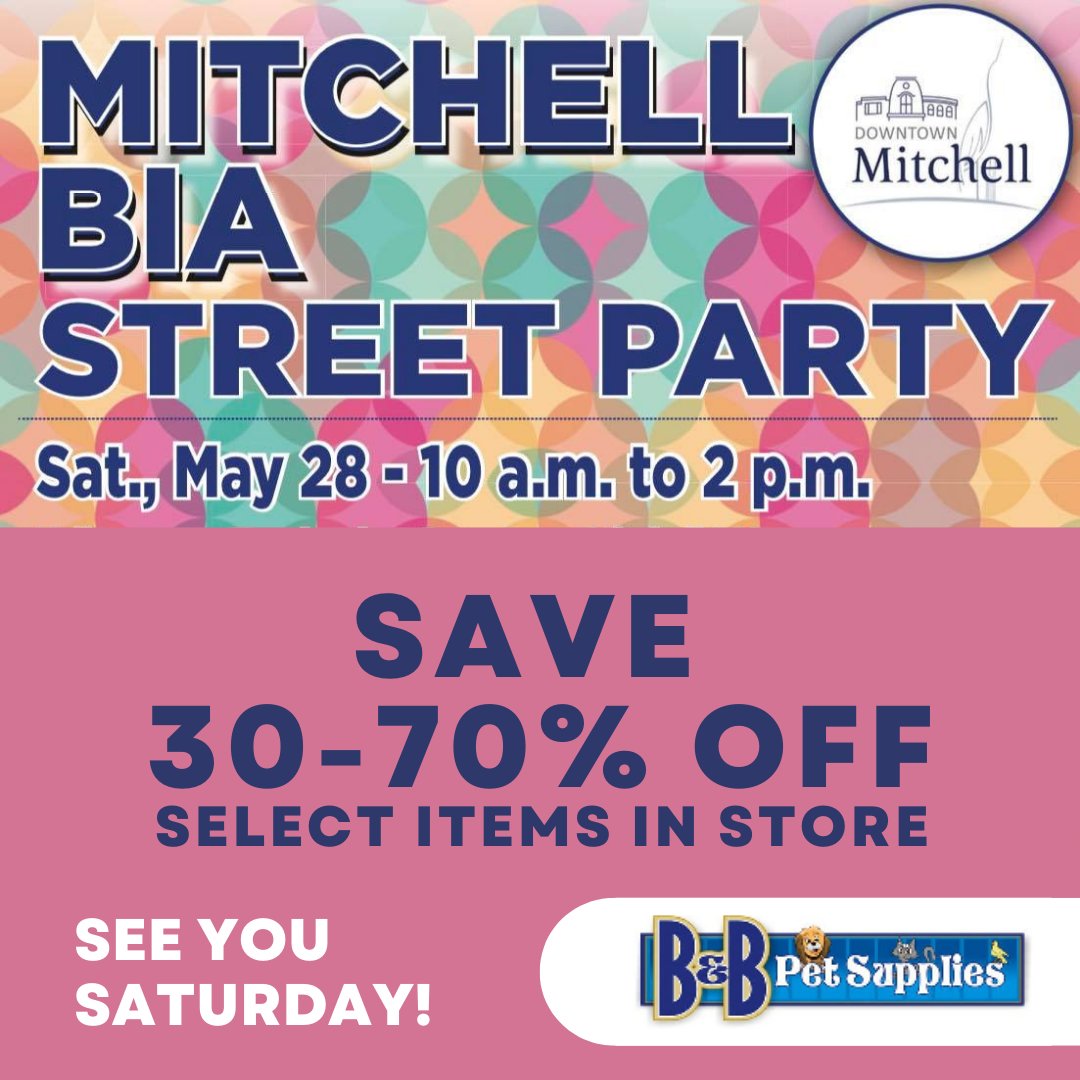 The Downtown Mitchell BIA Street Party is this Saturday, May 28 from 10 AM - 2 PM.

Let's get out and support downtown Mitchell!

#mitchellontario #bandbpetsupplies #downtownmitchellBIA #mitchellBIAstreetparty
#supportlocal #shopdowntown