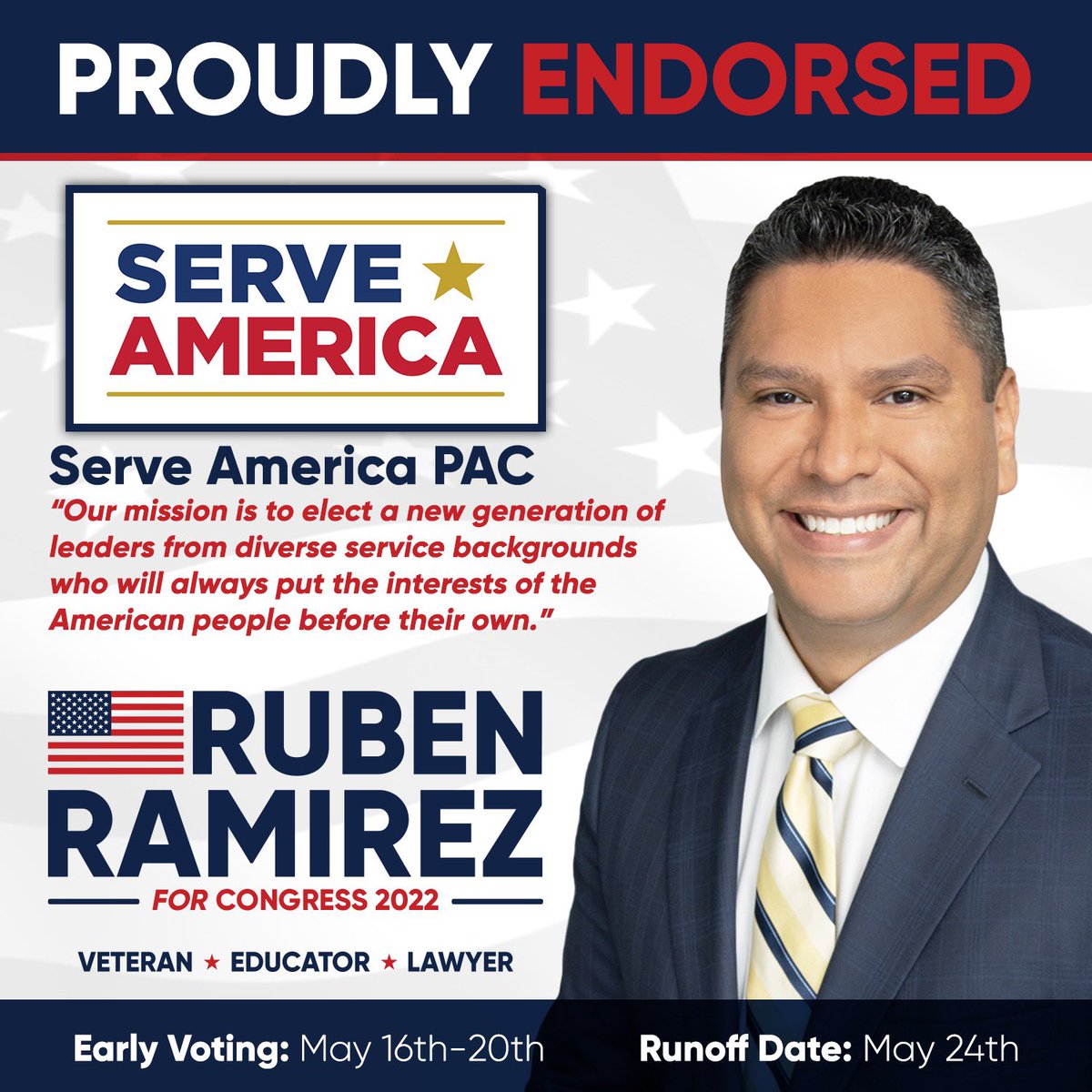 rubentx15's tweet photo. I am so proud to announce my endorsement from Serve America. My mission and heart is service to each of you and to #TX15, and I ask for your vote TOMORROW on Election Day for the runoff. Polls are open from 7am to 7pm. Let’s bring it home! 🙏🏼🇺🇸 #ReadyToLead #veteran https://t.co/beihrN6oci