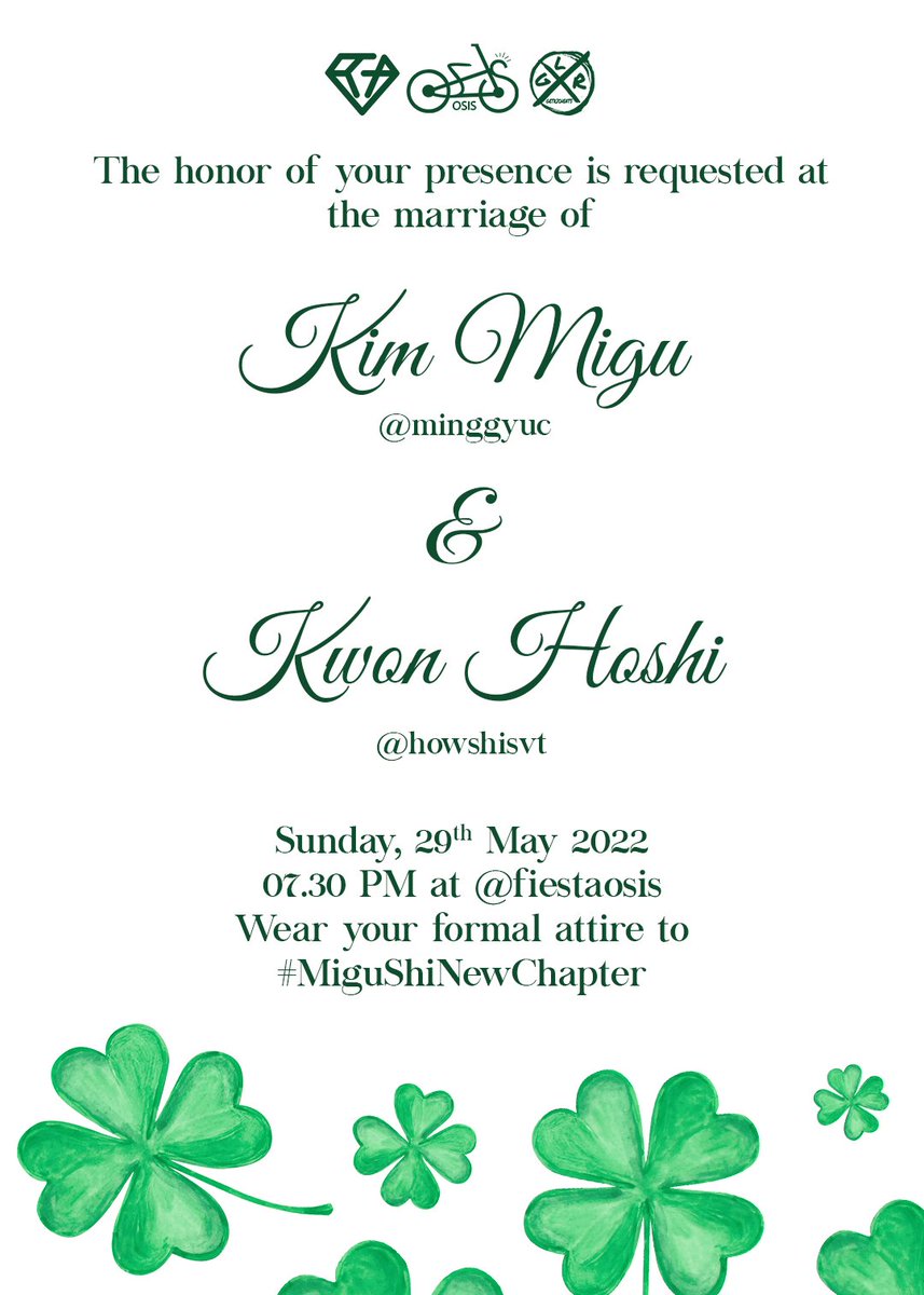 fiestaosis's tweet photo. ㅤ
ㅤㅤ✩࿐⋆*✩࿐⋆* ✩࿐⋆*✩࿐⋆* ✩
ㅤㅤ @minggyuc     &amp;    @howshisvt
ㅤㅤ invite  you to  their wedding in
ㅤㅤ  🍀 #MiguShiNewChapter 🍀
ㅤㅤ✩࿐⋆*✩࿐⋆* ✩࿐⋆*✩࿐⋆* ✩
ㅤㅤㅤㅤ
🍀Sunday, 29th May 2022 ; 07.30 PM
🍀at https://t.co/277qjAHouZ
🍀Formal attire
ㅤㅤㅤㅤ https://t.co/qqrUxWMTVt