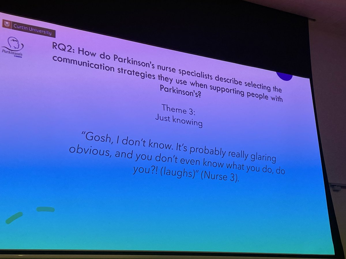 Another brilliant honours work presentation on Parkinson’s nurses strategies to support health care communication by Emilie Pitts - i love the theme ‘just knowing’ - suggestion that the best way to learn may be through experiential learning #SPAconf