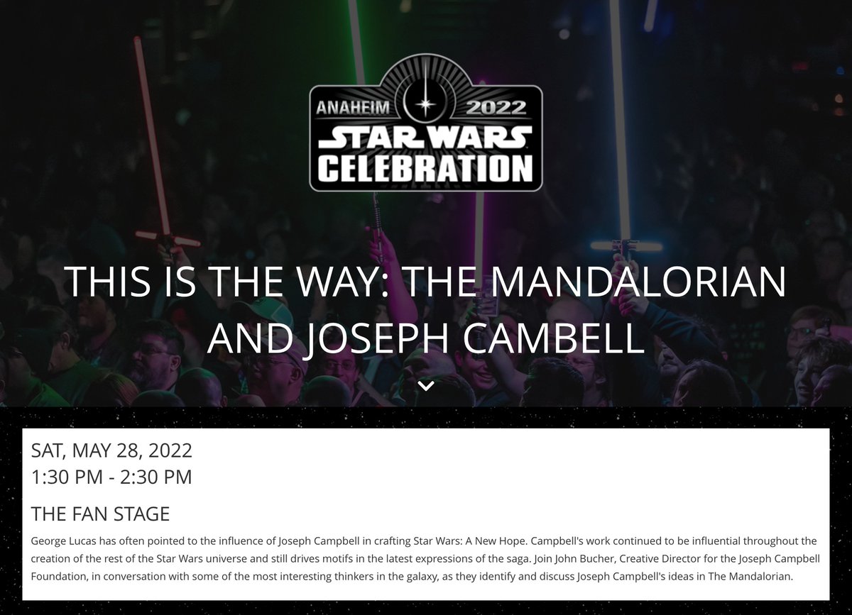 If you'll be at #StarWarsCelebration this Saturday, be sure to stop by the #FanStage at 1:30 p.m. for a panel on #TheMandalorian &amp; Joseph Campbell, feat. the amazingly talented <a href="/johnkbucher/">John Bucher</a> <a href="/TorriYatesOrr/">Torri Yates-Orr</a> &amp; <a href="/BlerdPhD/">Thomas Parham</a> (and me)! (<a href="/JCF_org/">Joseph Campbell Foundation</a>) #StarWars #ThisIsTheWay #StoriesMatter
