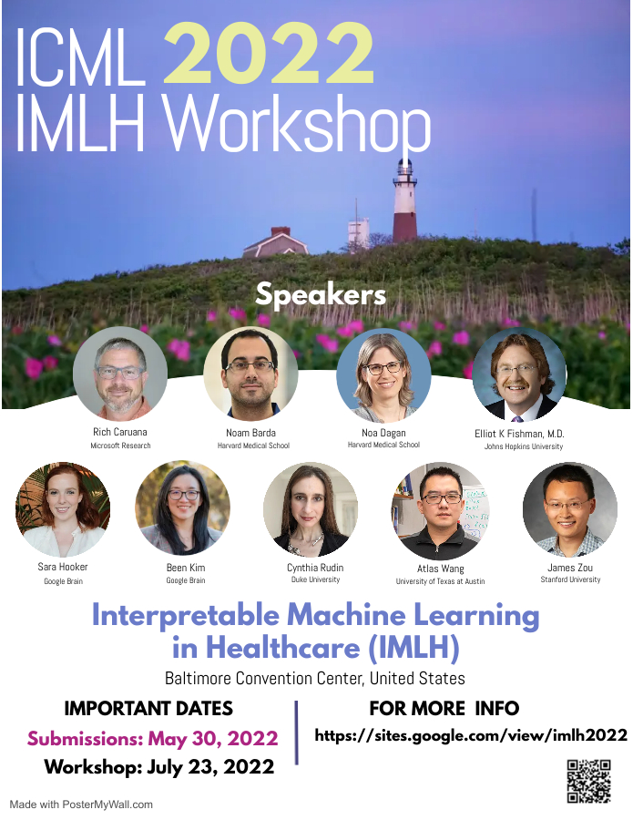 weina_jin's tweet photo. #callforpapers Our @icmlconf workshop on Interpretable ML in Healthcare (#IMLH22) features 9 amazing speakers @RichCaruana, @noambard, Noa Dagan, @ctisus, @sarahookr, @_beenkim, @CynthiaRudin, Atlas Wang, @james_y_zou. Paper submission extended to May 30. https://t.co/MAuQ8nL0R1 https://t.co/mqELhCYmFo