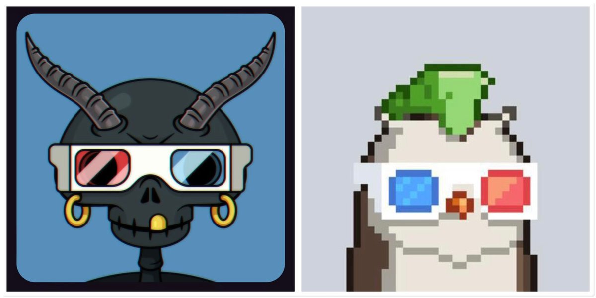 Inspired by <a href="/siraar0n/">SirAaron</a>, and with the help of <a href="/Grim__Syndicate/">Grim Syndicate</a>, I now have my matching 3d glasses pair of <a href="/moonbirds/">Moonbirds</a> and my 7th and now matching <a href="/Grim__Syndicate/">Grim Syndicate</a>, so pumped!! Does it get any better than this??